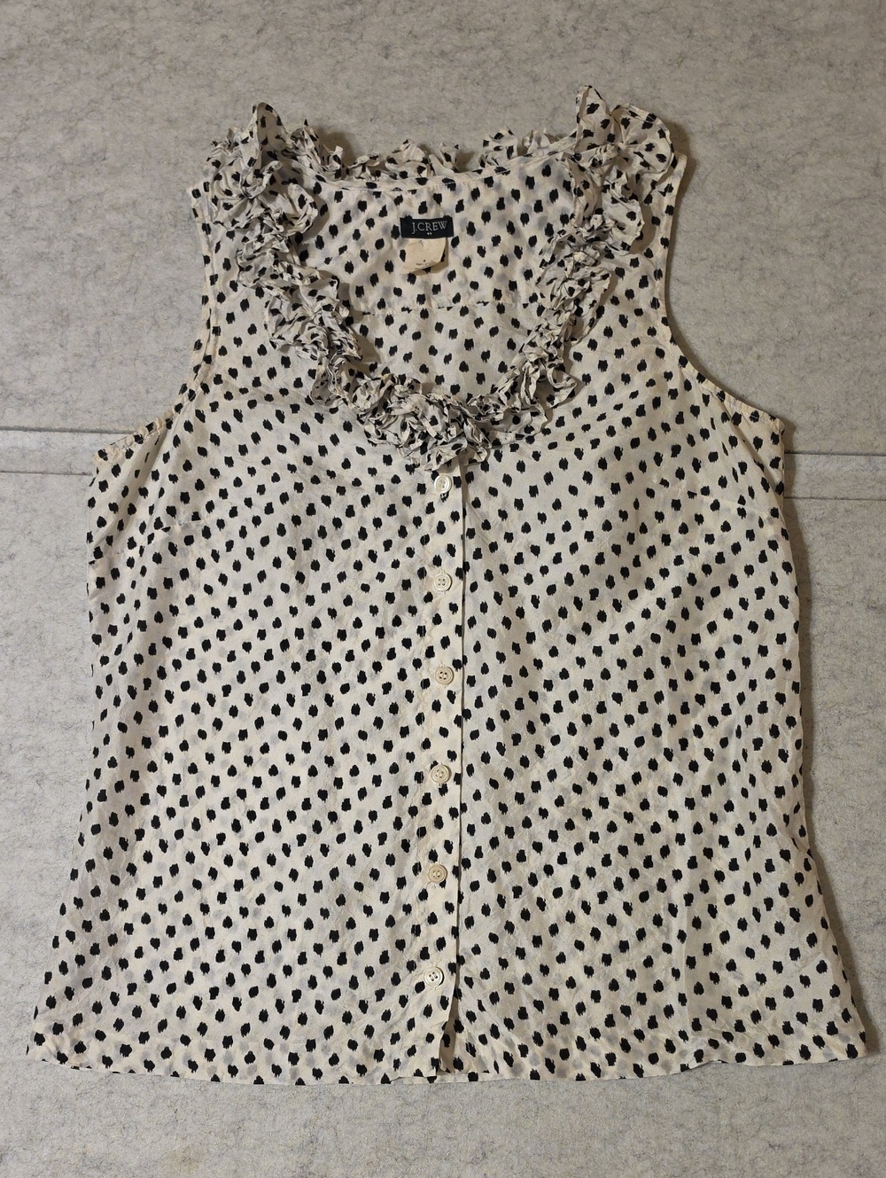 J.Crew 100% Silk Ruffle Neck Sleeveless Blouse Abstract Dot Print Size 4